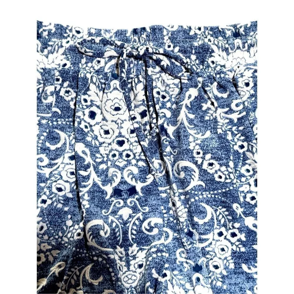 Blue Paisley Boho Shorts Wrinkle-free Stretchy High Rise Cooling Fabric Pockets